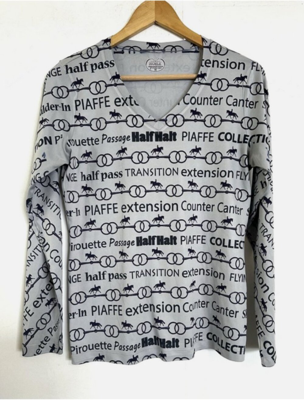 NOBLE EQUESTRIAN Dressage Top MED Grey Equestrian Words Tee Shirt